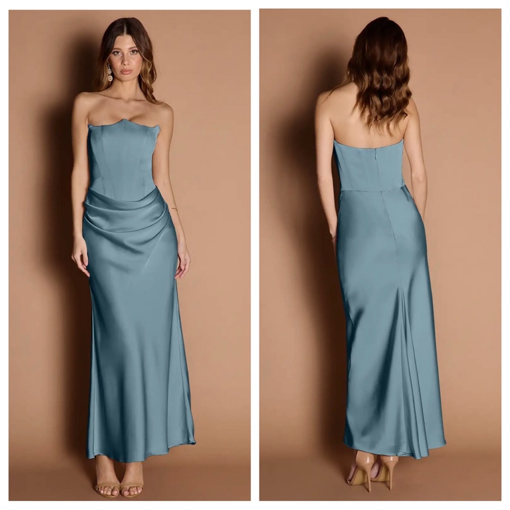 Azazie Strapless Satin Maxi Dress in Dusty Blue